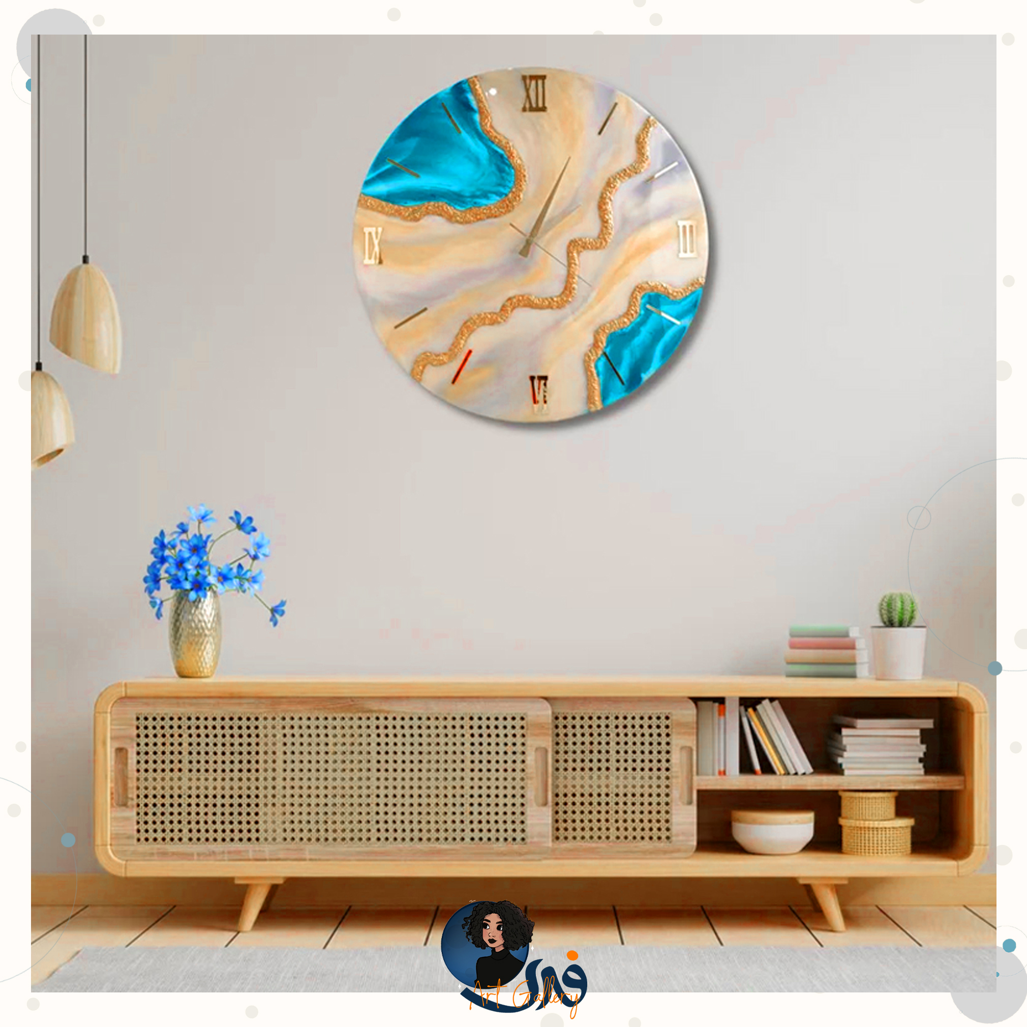 ساعت دیواری رزین مدل مرمر آبی